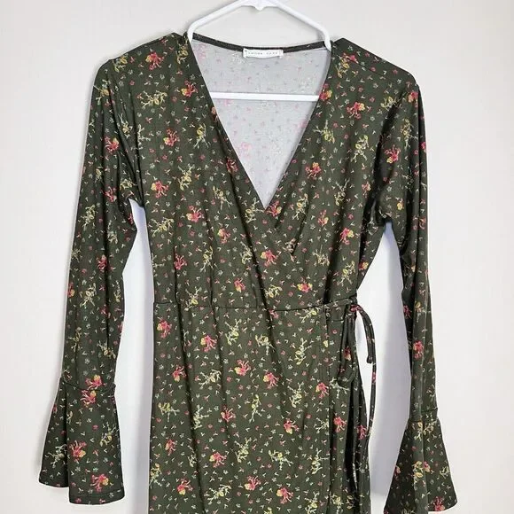 Emory Park Wrapped Mini‎ Dress Green Floral Y2K Boho Cottage Core Fairy Ethereal - Picture 2 of 10